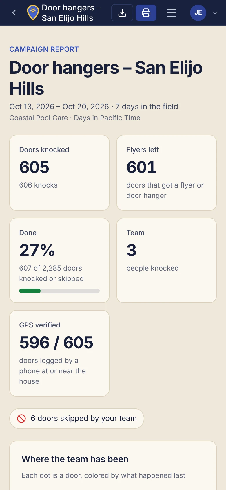 The report on a phone: 605 doors knocked, 601 hangers left, 596 of 605 GPS verified