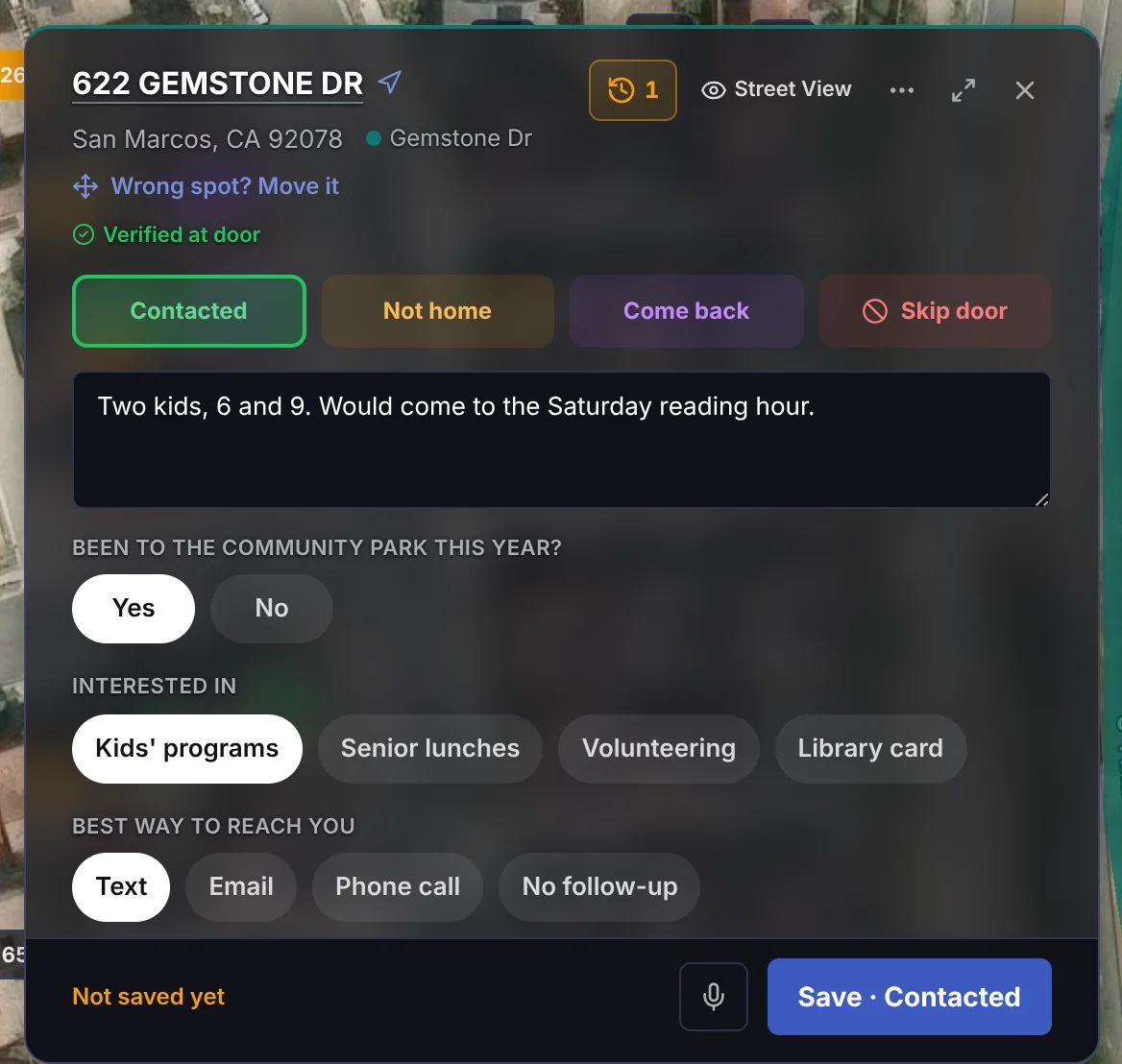 The door card over satellite imagery: result buttons, a note, the campaign questions and the save bar