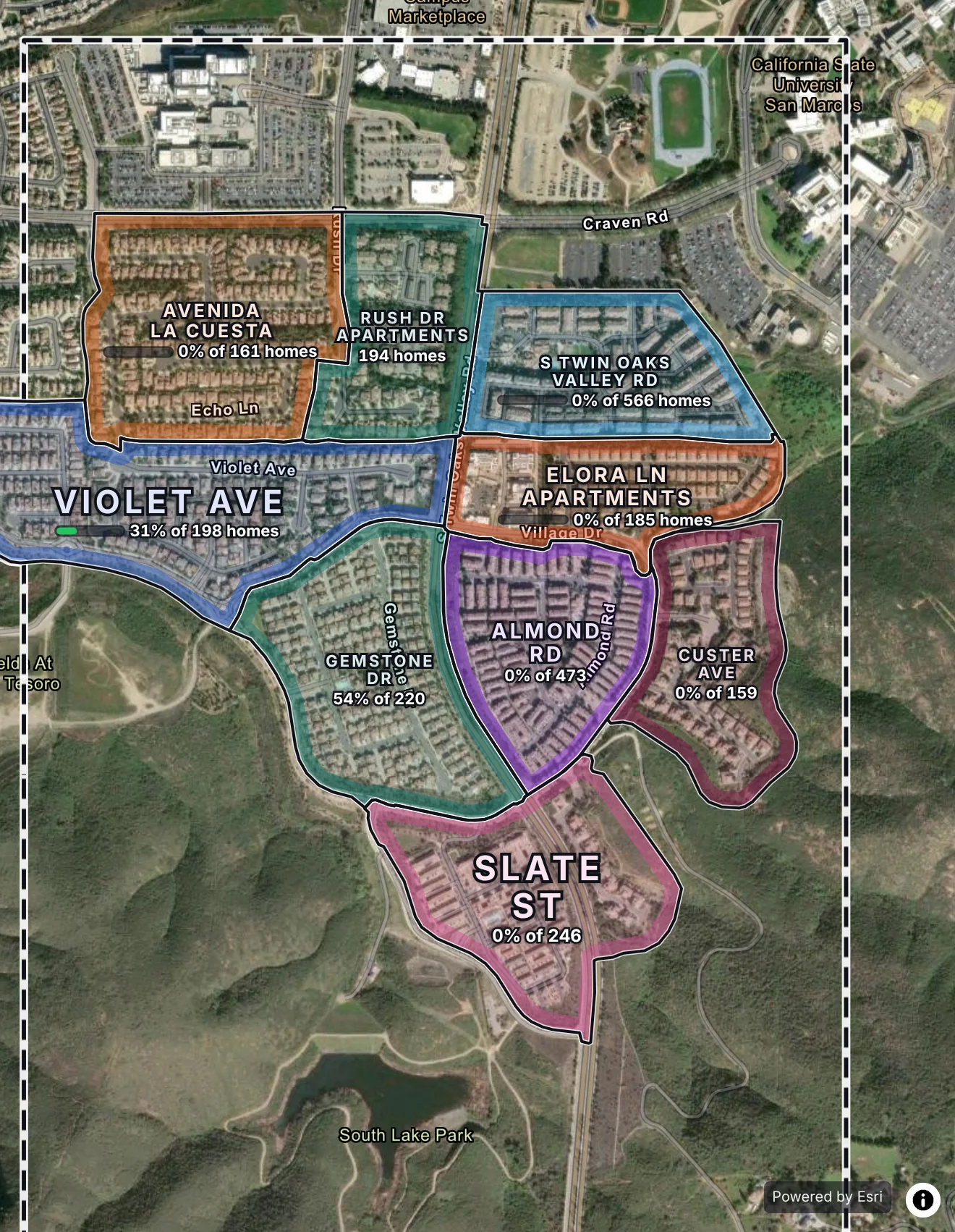 A San Marcos neighborhood split into turfs on satellite, each with how many of its homes are done