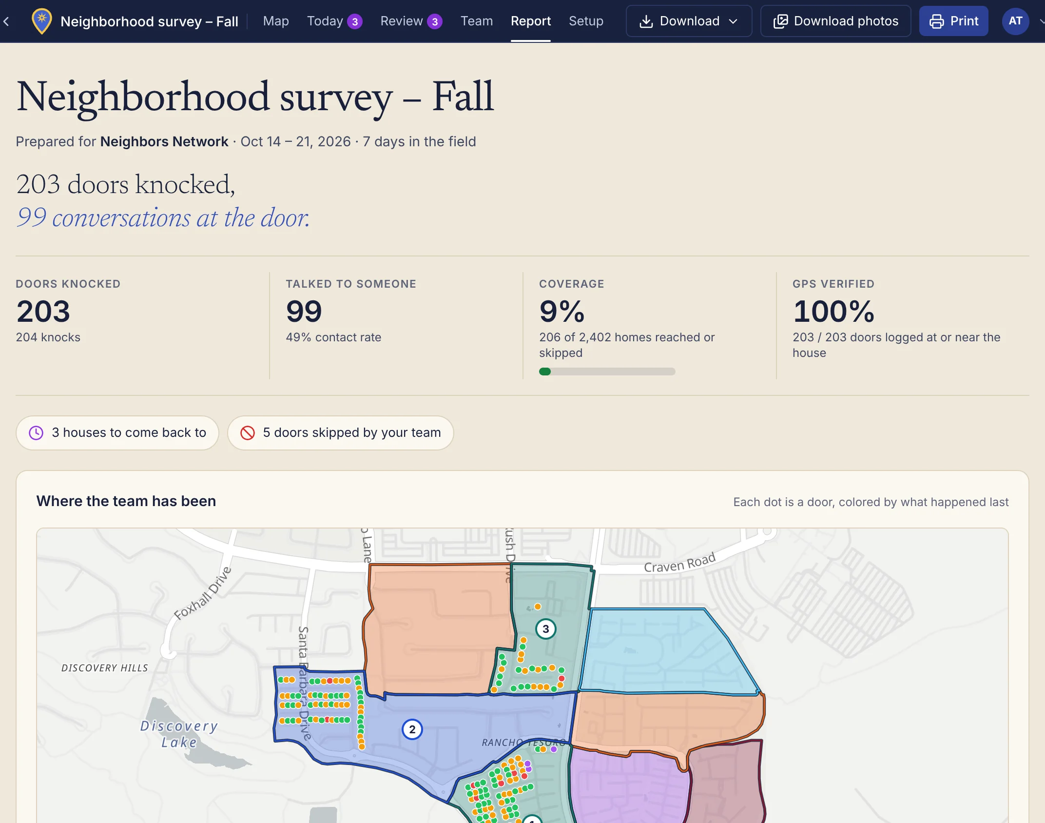 The campaign report: doors knocked, conversations, contact rate, turf covered and team size, then a map of every door and each turf's progress