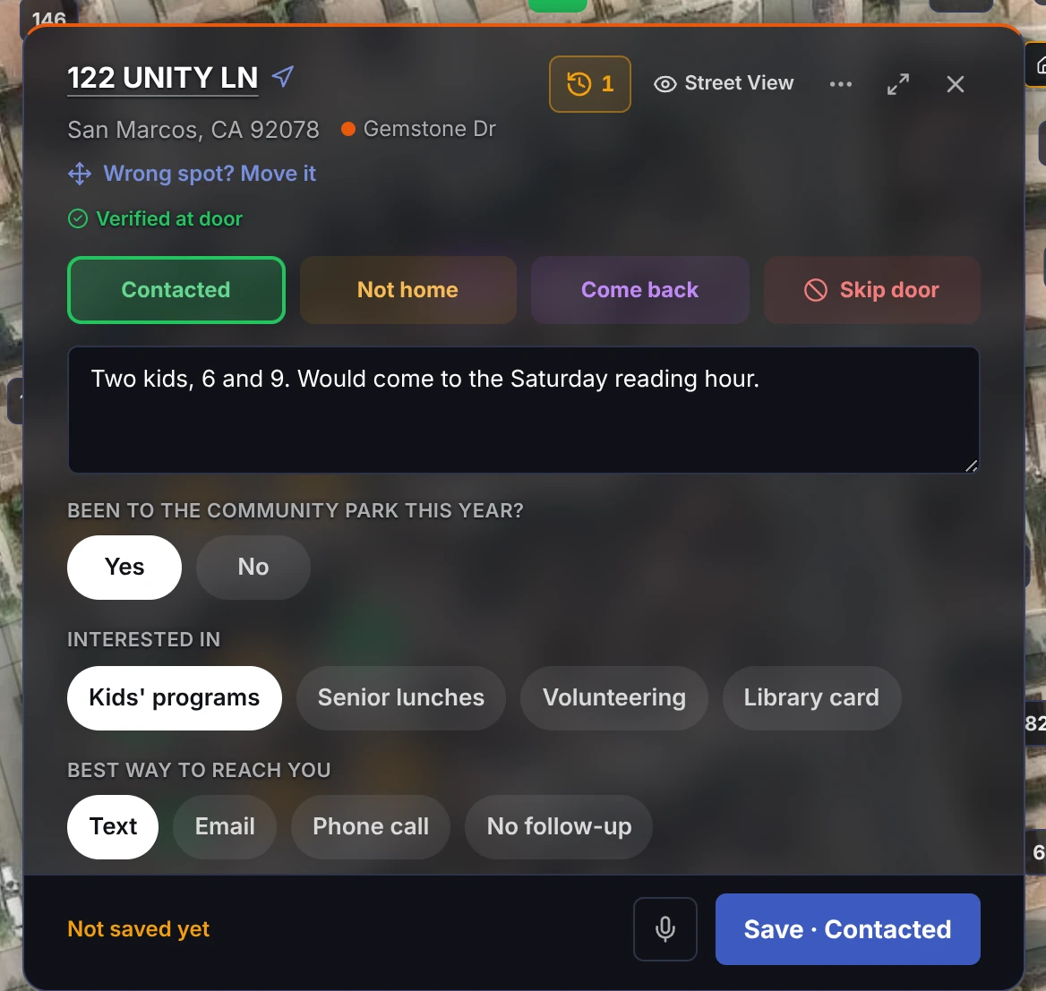 The door card over satellite imagery: result buttons, a note, the campaign questions and the save bar