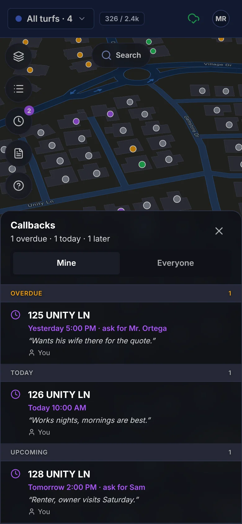 The callbacks list on a phone: overdue, today and upcoming visits, each with when and who to ask for