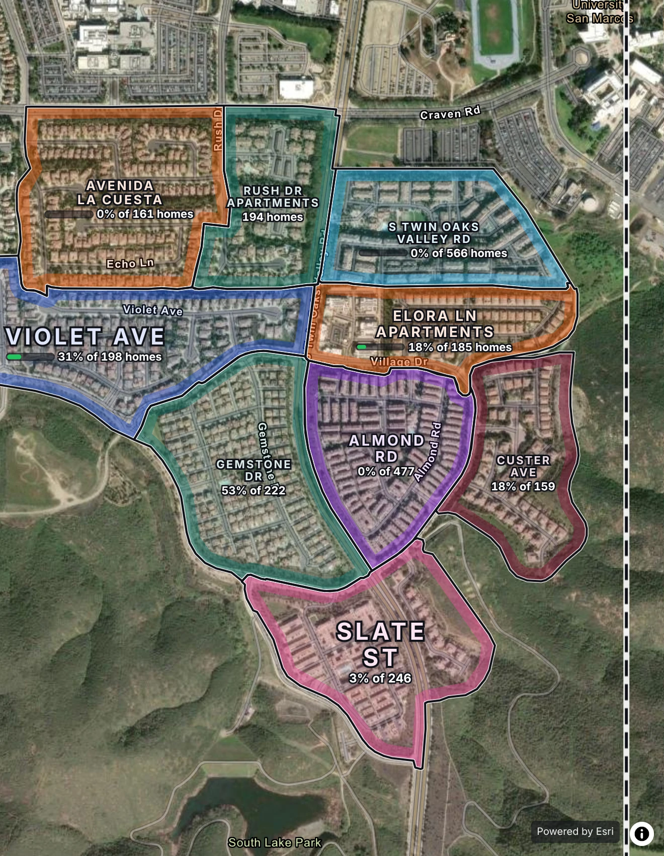 Turfs in San Marcos along real streets, on satellite, each with how many homes are done