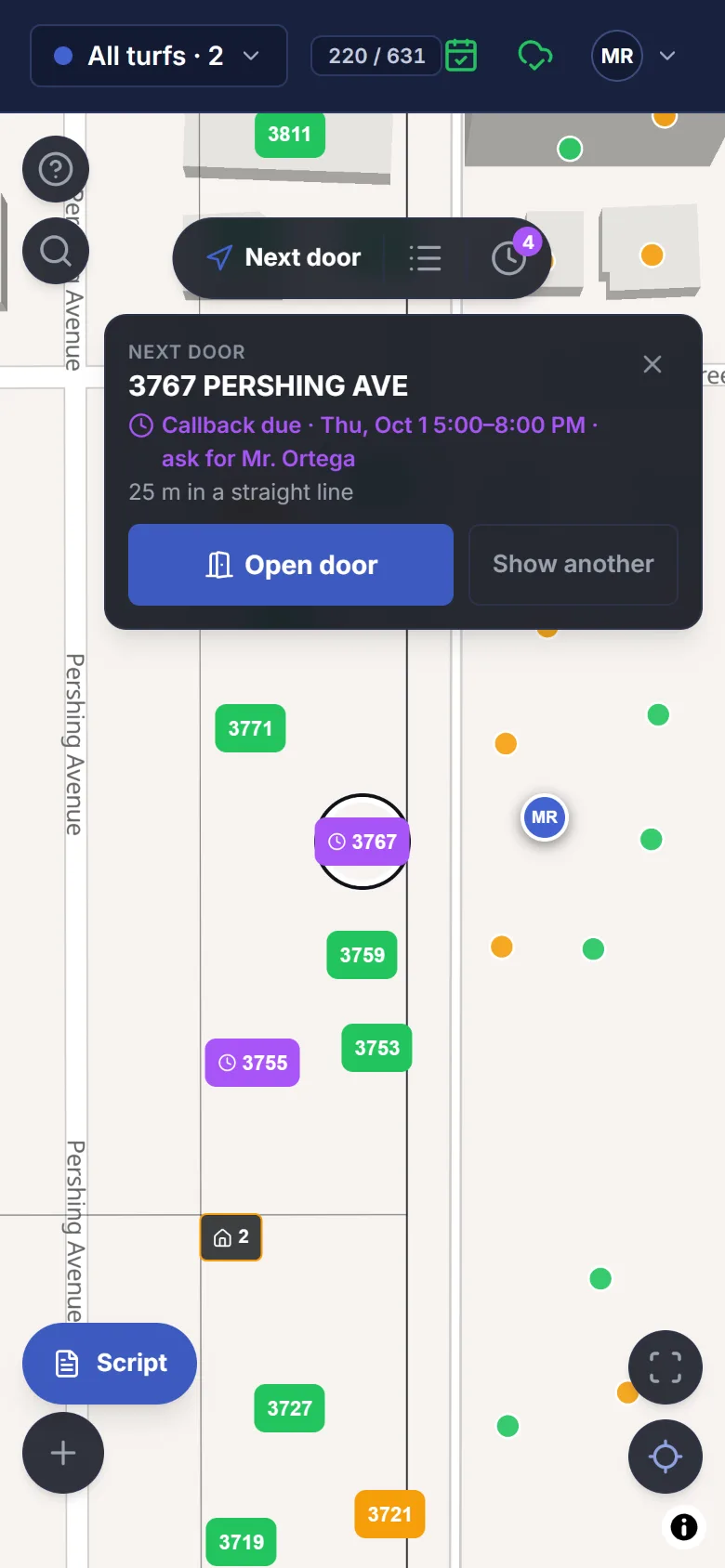 Next door on a phone: the nearest door left, a few meters away