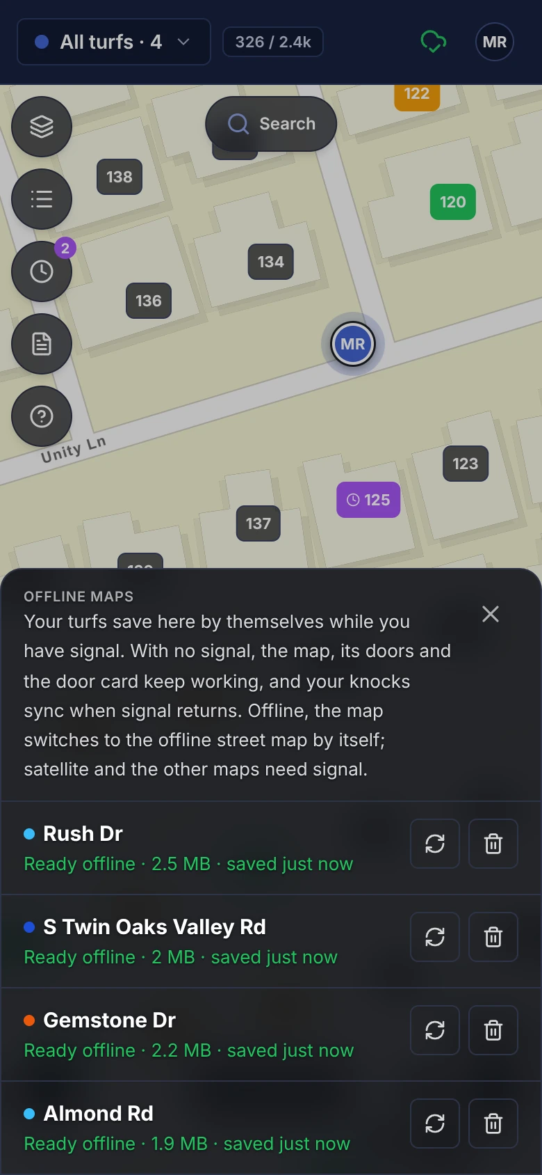 Offline maps on a phone: every turf saved by itself and ready offline, with its size