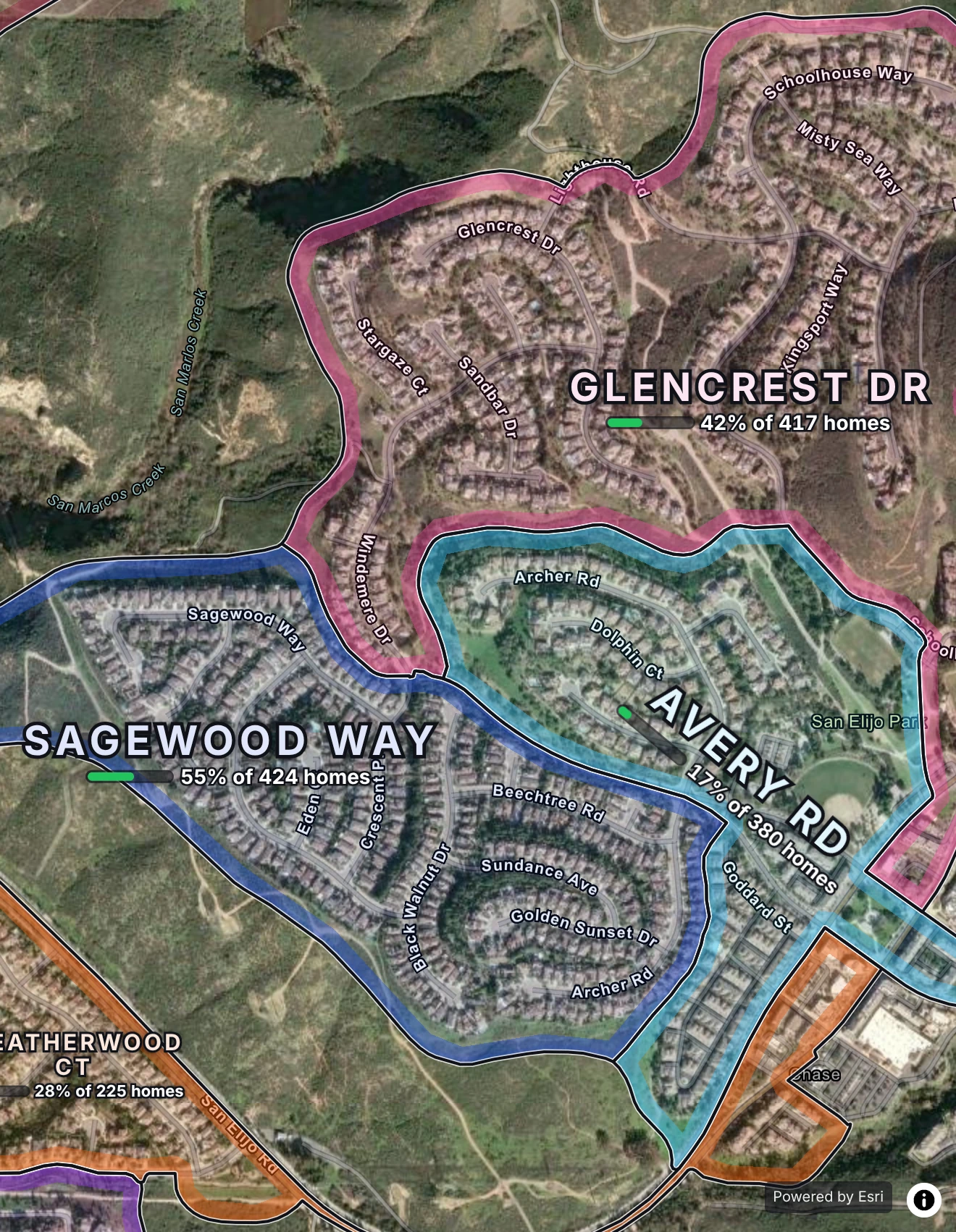 Neighborhoods in San Marcos on satellite, split into turfs, each with how many homes are done