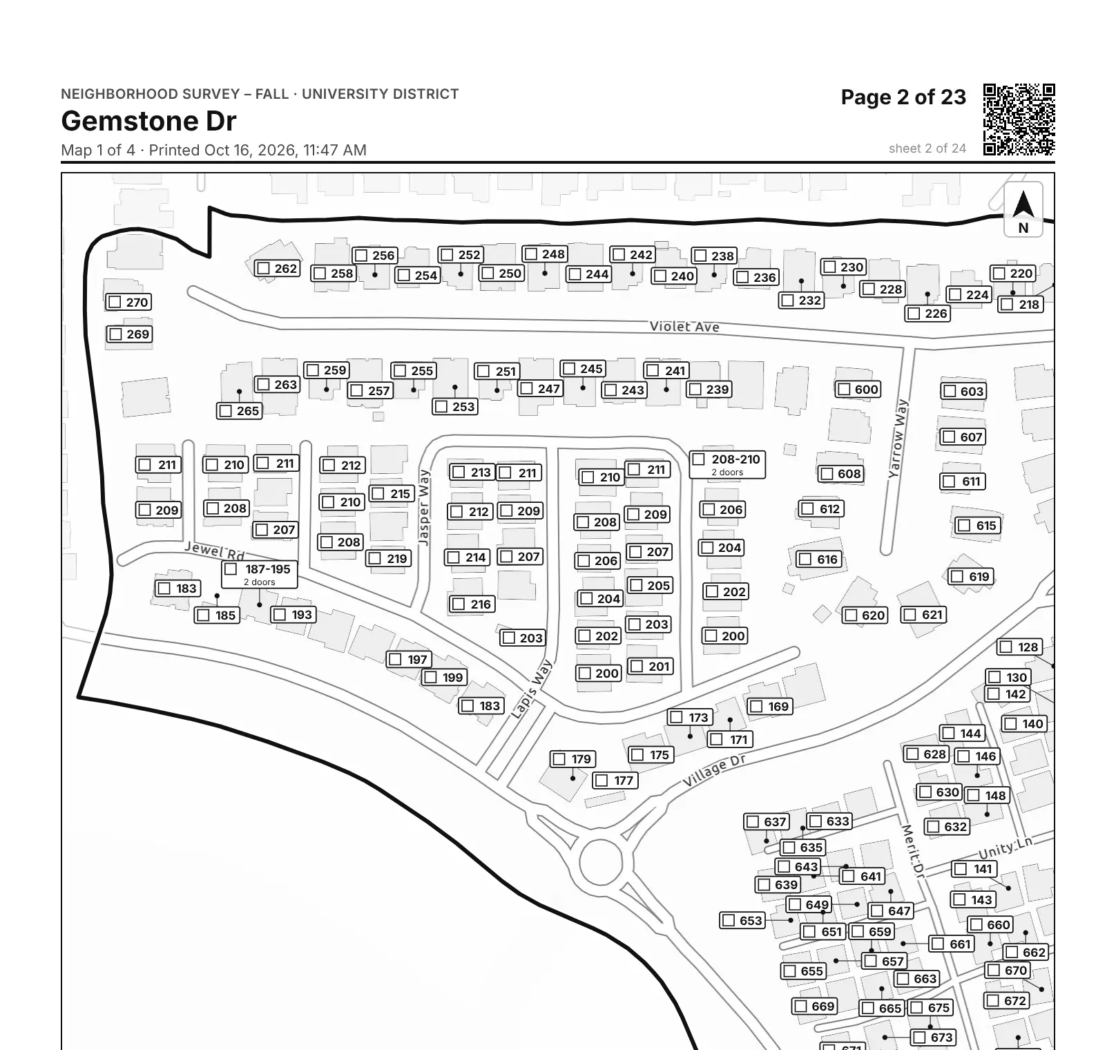A printed walk sheet: a street map with every house a numbered box